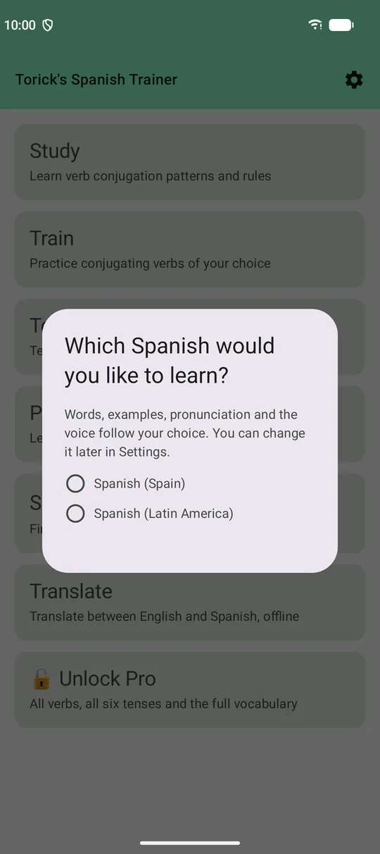 Choose your Spanish at first launch