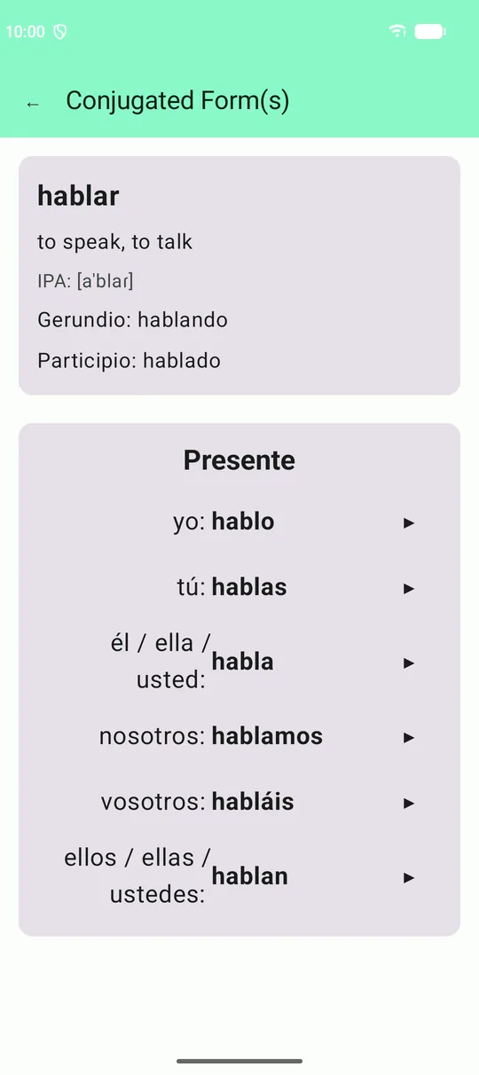 A verb table (Spain)