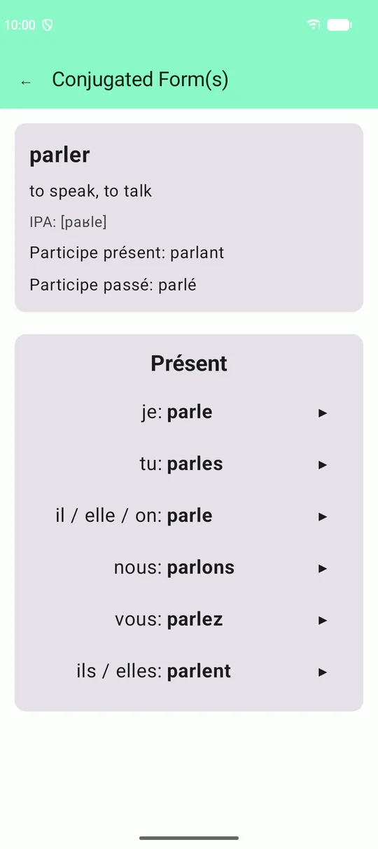 A verb table