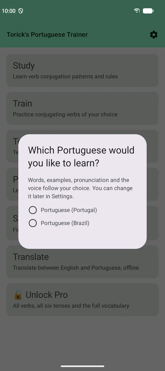Choose your Portuguese at first launch